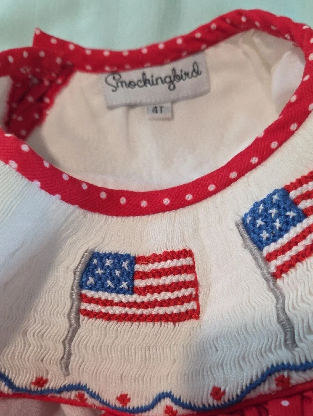 Smockingbird Kids Red Polka Dot Smocked Dress with Flag Motif